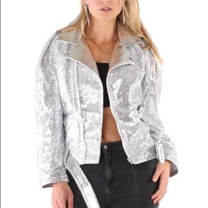 Silver Sequin Faux Leather Motorcycle Jacket